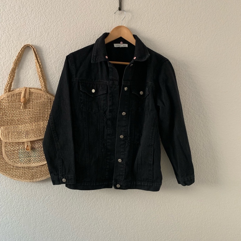 Honey Punch Black Distressed Denim Jacket